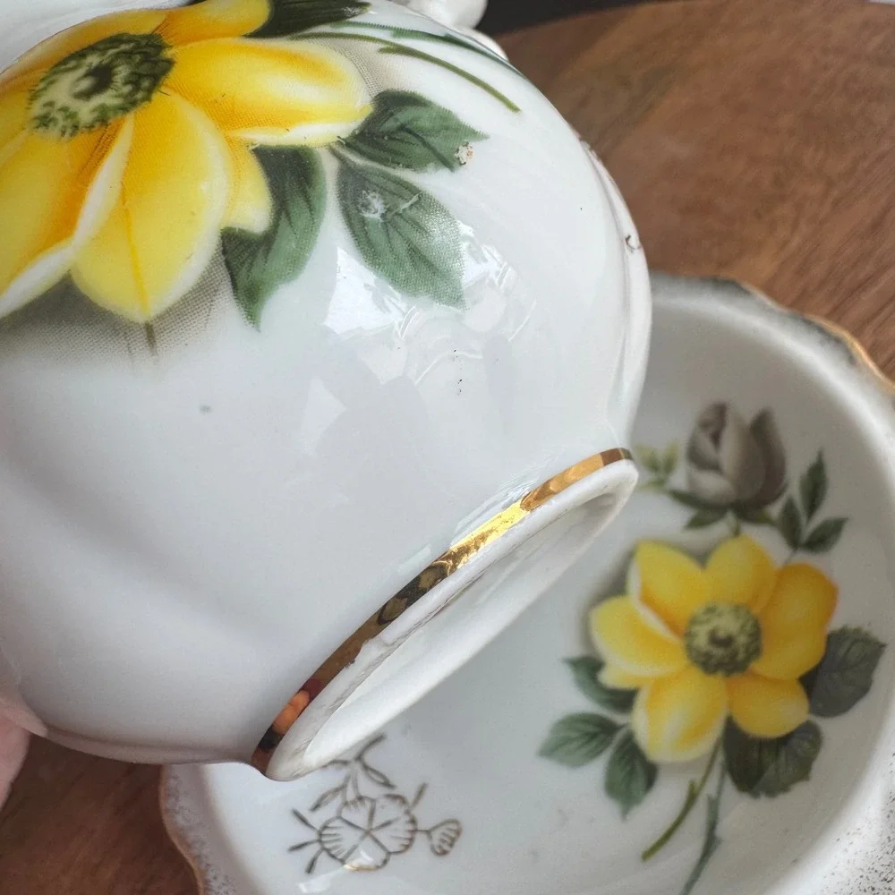 VTG Enesco Mini Pitcher Creamer and Saucer White Yellow Floral Gold Trim Japan